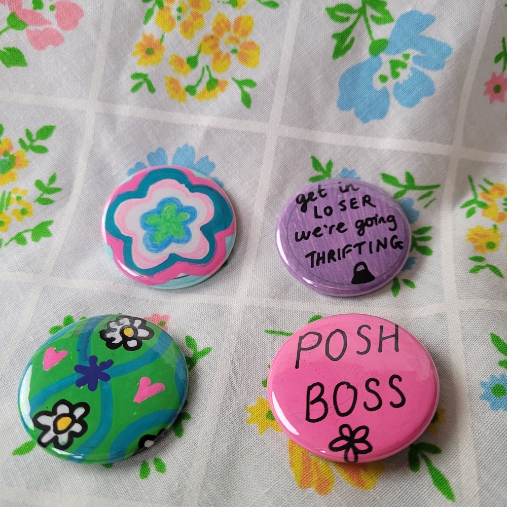 Groovy handmade thrifting pin button set of 4